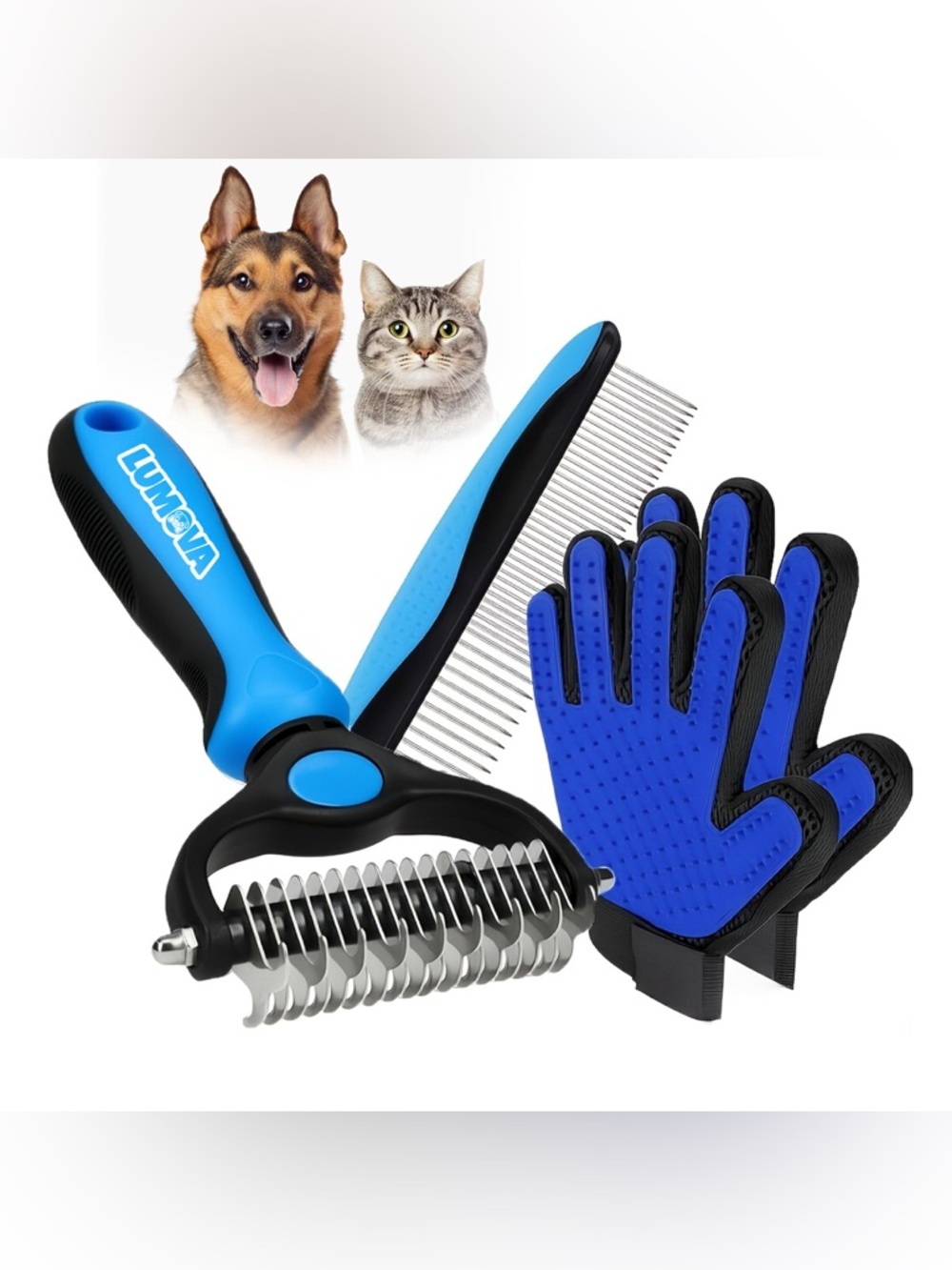Lumova 3-Pc Dog Cat Grooming Kit De-Matting Brush Comb Glove